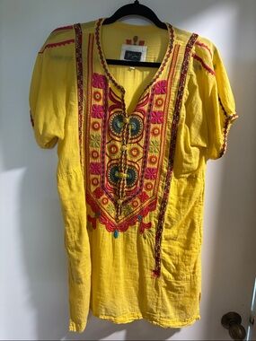 Embroidered Yellow Tunic Top with Pink Accents
